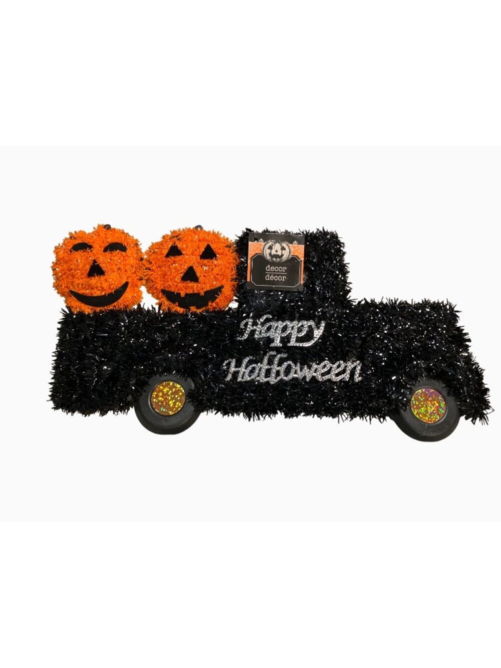 Halloween Tinsel Truck Decor With Orange Pumpkin Faces
